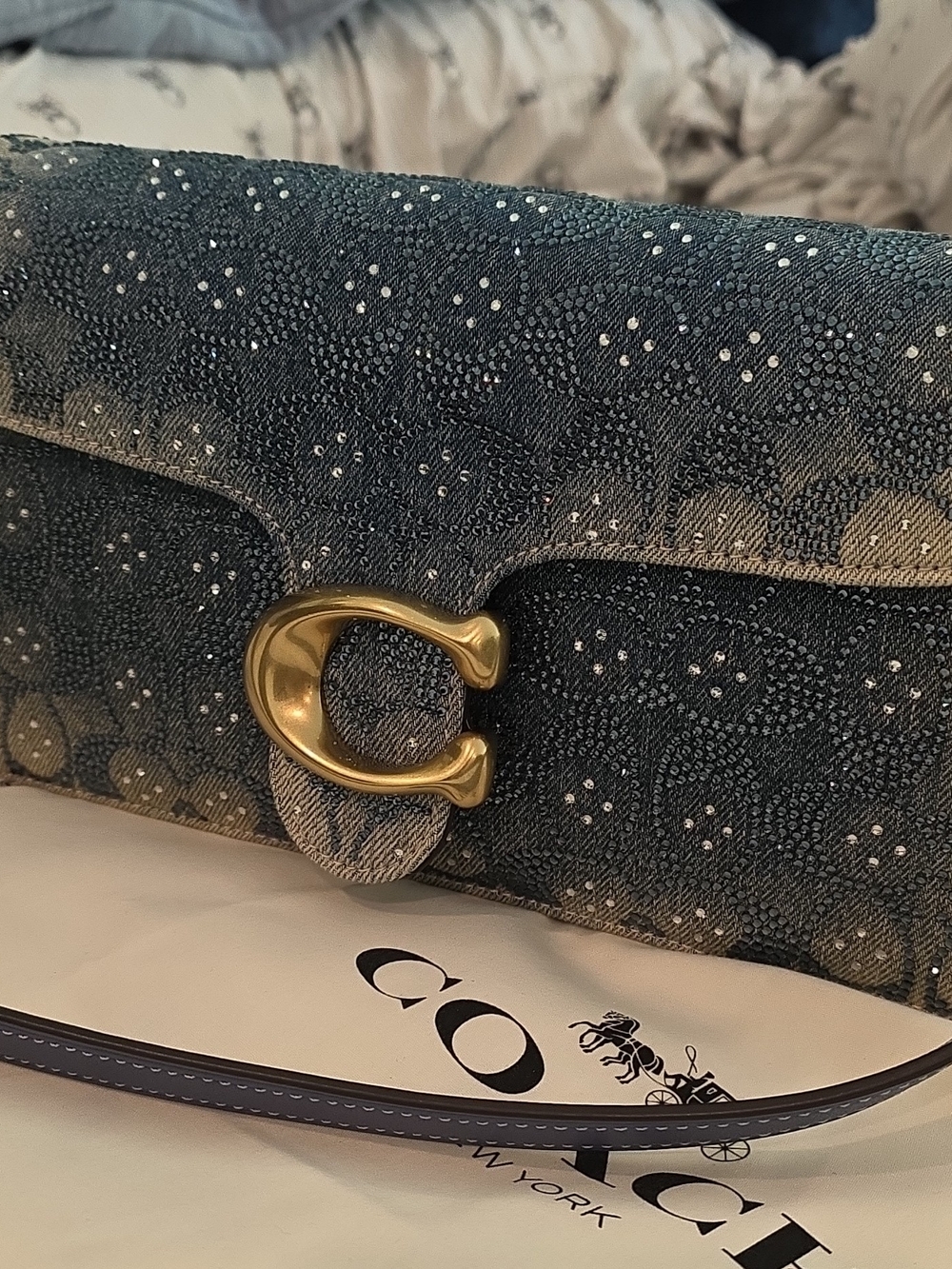 Coach Blue Crystal Denim Tabby 26 Signature Shoulder Bag with Gold 'C' Hardware